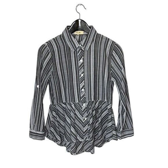 Love Notes Womens Button Up Top Blouse Striped Peplum‎ Long Sleeve Gray Medium - Picture 1 of 9